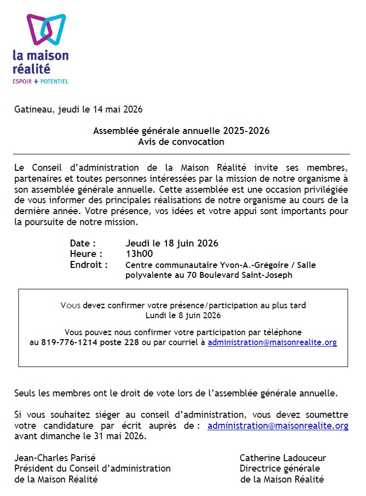 Assemblée générale annuelle 2025-2026 Avis de convocation
